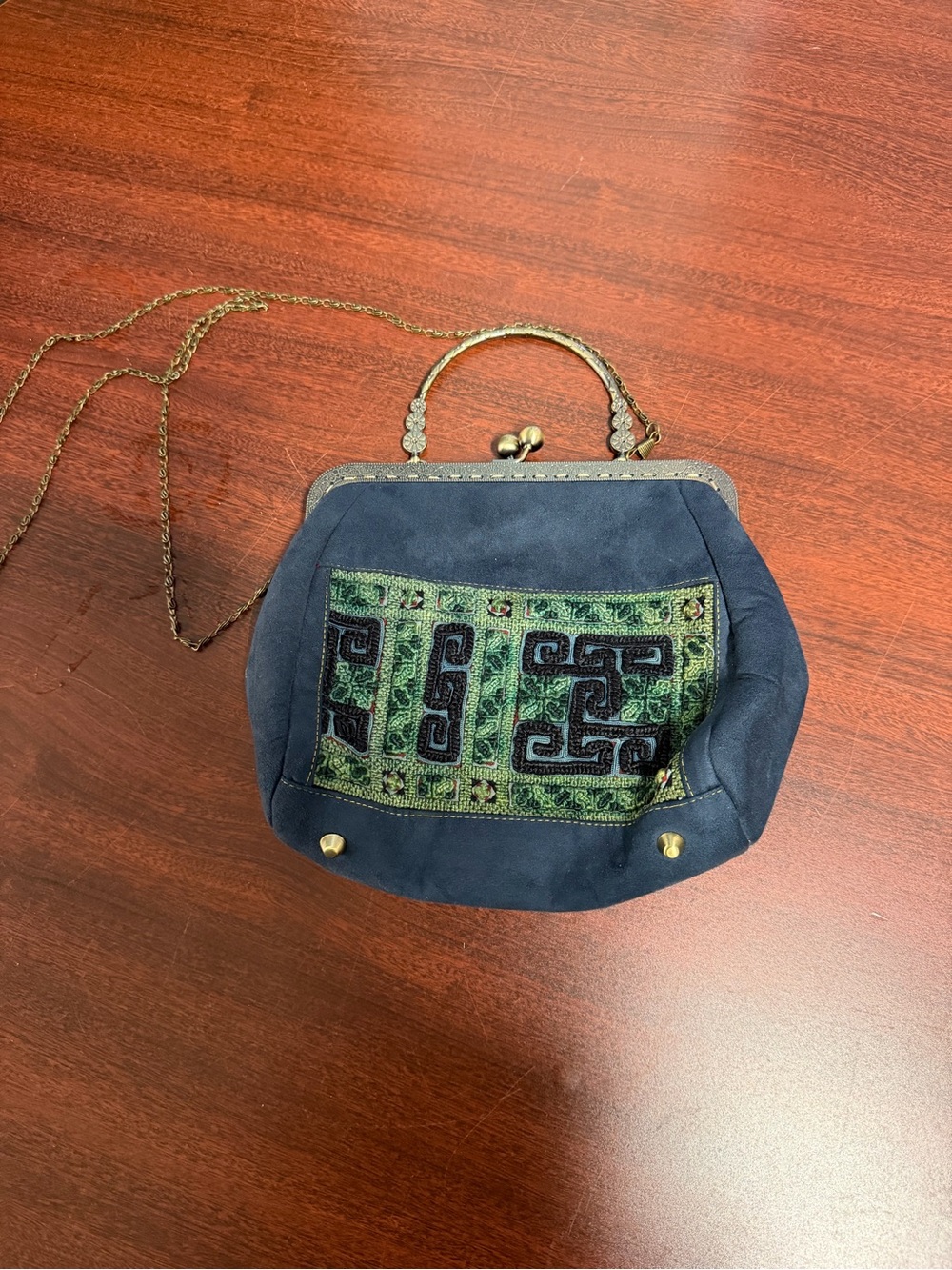 Vintage Navy Blue Clutch with Green Embroidered Panel and Gold-Tone Chain